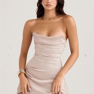 Oyster Cream Draped Strapless Corset Dress